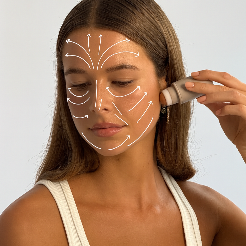 Woman applying a skincare product to her face with a brush against a plain background