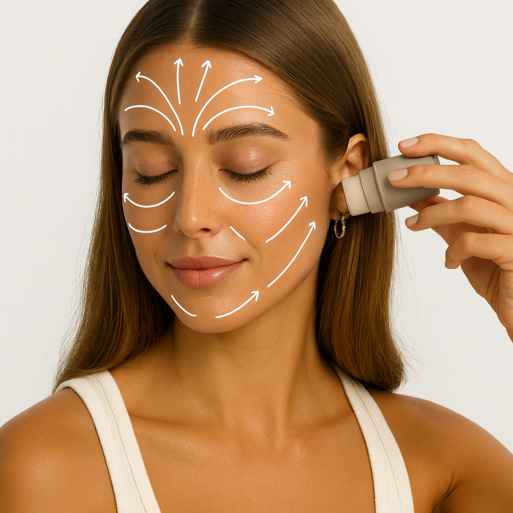 Woman using a skincare device on her face with a plain background